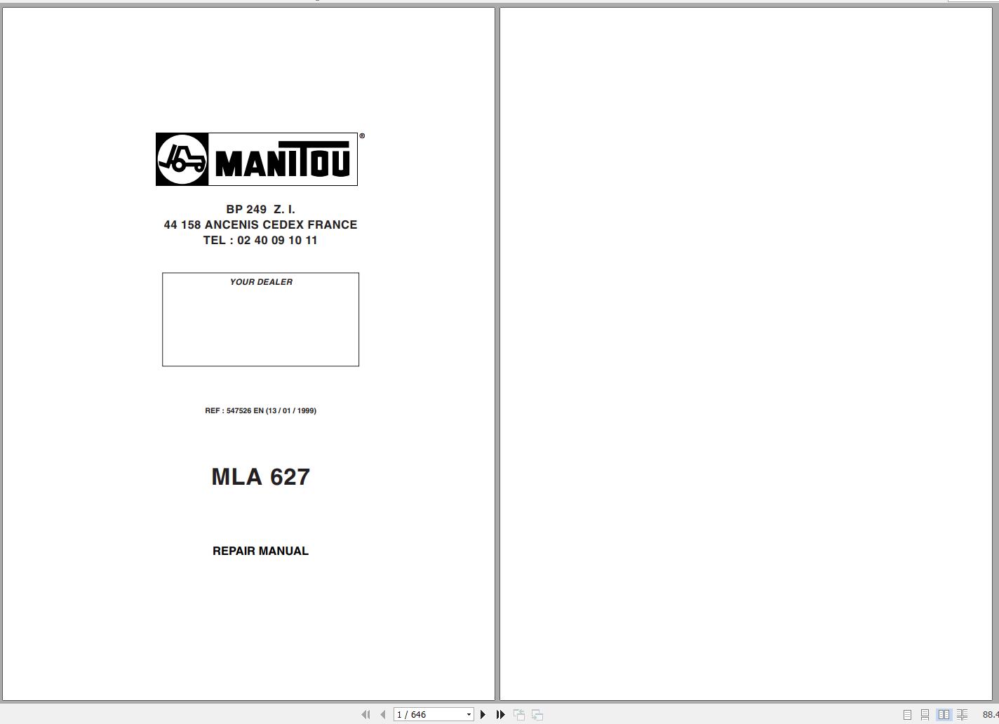 Manitou Telehandler MLA 627 Repair Manual 547526EN 01 1