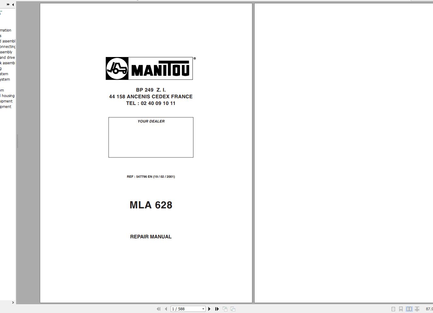 Manitou Telehandler MLA 628 Repair Manual 547796EN 02 1