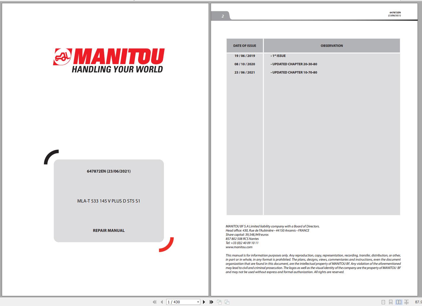 Manitou Telehandler MLA T 533 145 V PLUS D ST5 S1 Repair Manual 647872EN 06 1
