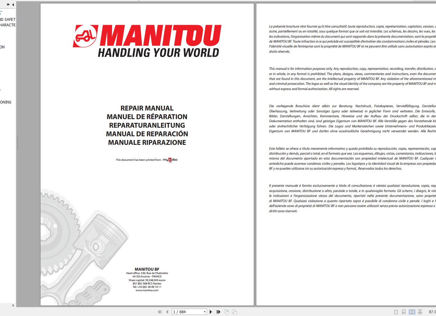 Manitou Telehandler MLA628 Turbo Repair Manual 0 1 M140EN 01 1