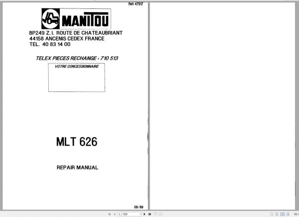 Manitou Telehandler MLT 626 Repair Manual 47917EN 09 1