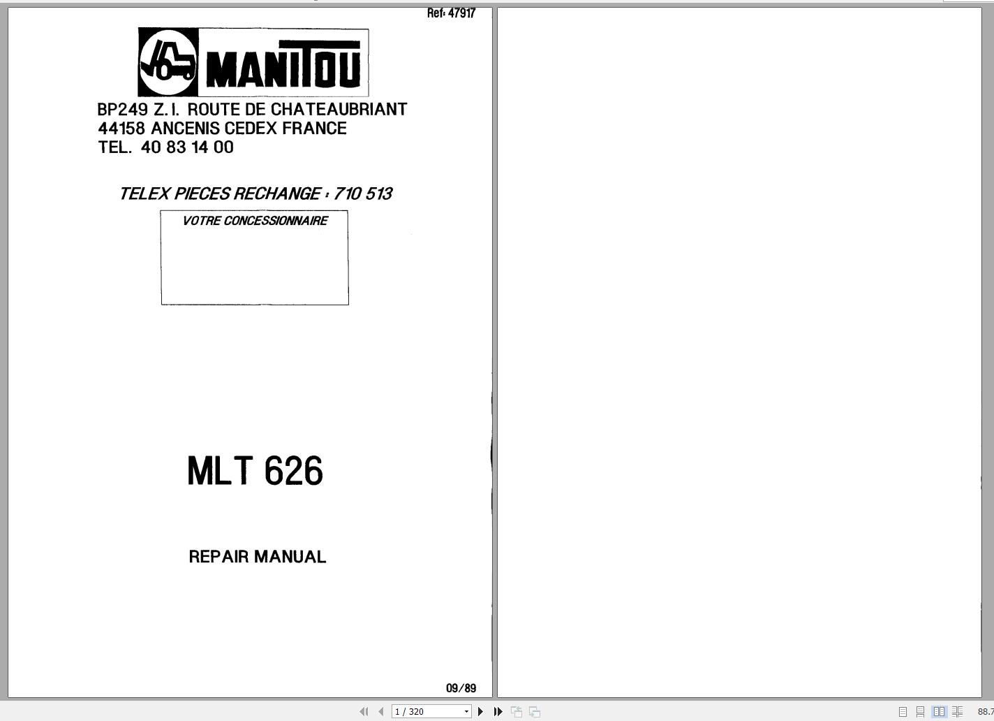 Manitou Telehandler MLT 626 Repair Manual 47917EN 09 1