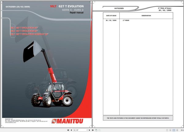 Manitou Telehandler MLT 627 T Evolution Compact 20 Euro 3 Genuine Parts Catalogue 647025EN 02 1