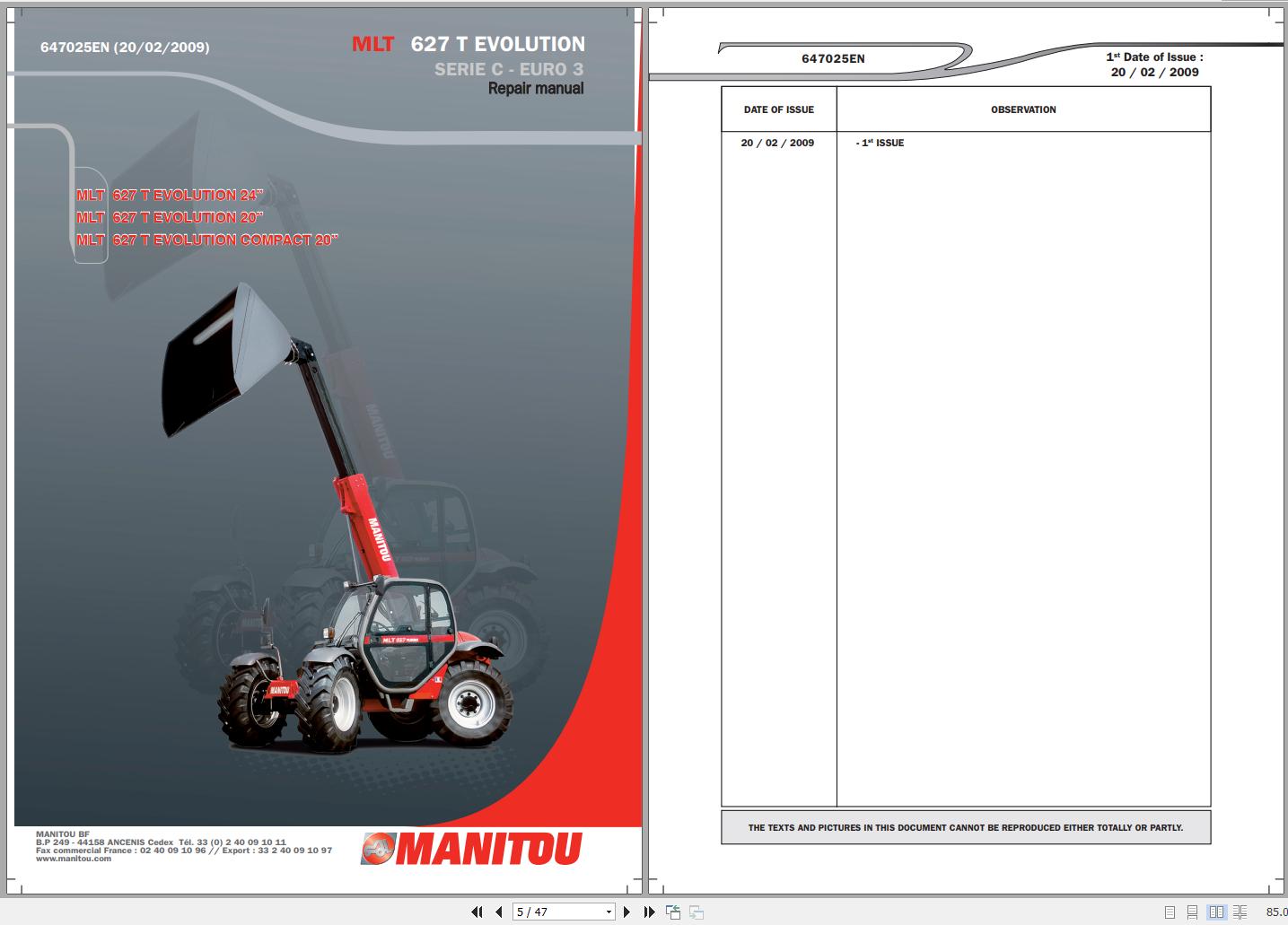 Manitou Telehandler MLT 627 T Evolution Compact 20 Euro 3 Genuine Parts Catalogue 647025EN 02 1