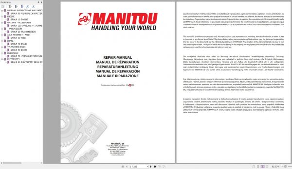 Manitou Telehandler MLT 627 Turbo Evolution MLT X 627 Turbo Repair Manual M187FR 07 1