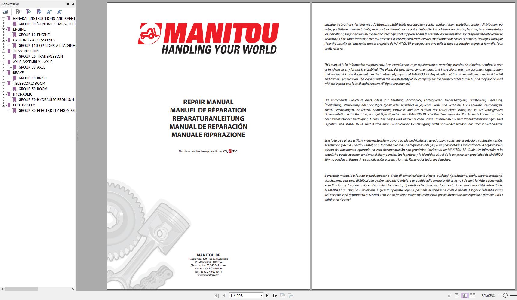 Manitou Telehandler MLT 627 Turbo Evolution MLT X 627 Turbo Repair Manual M187FR 07 1