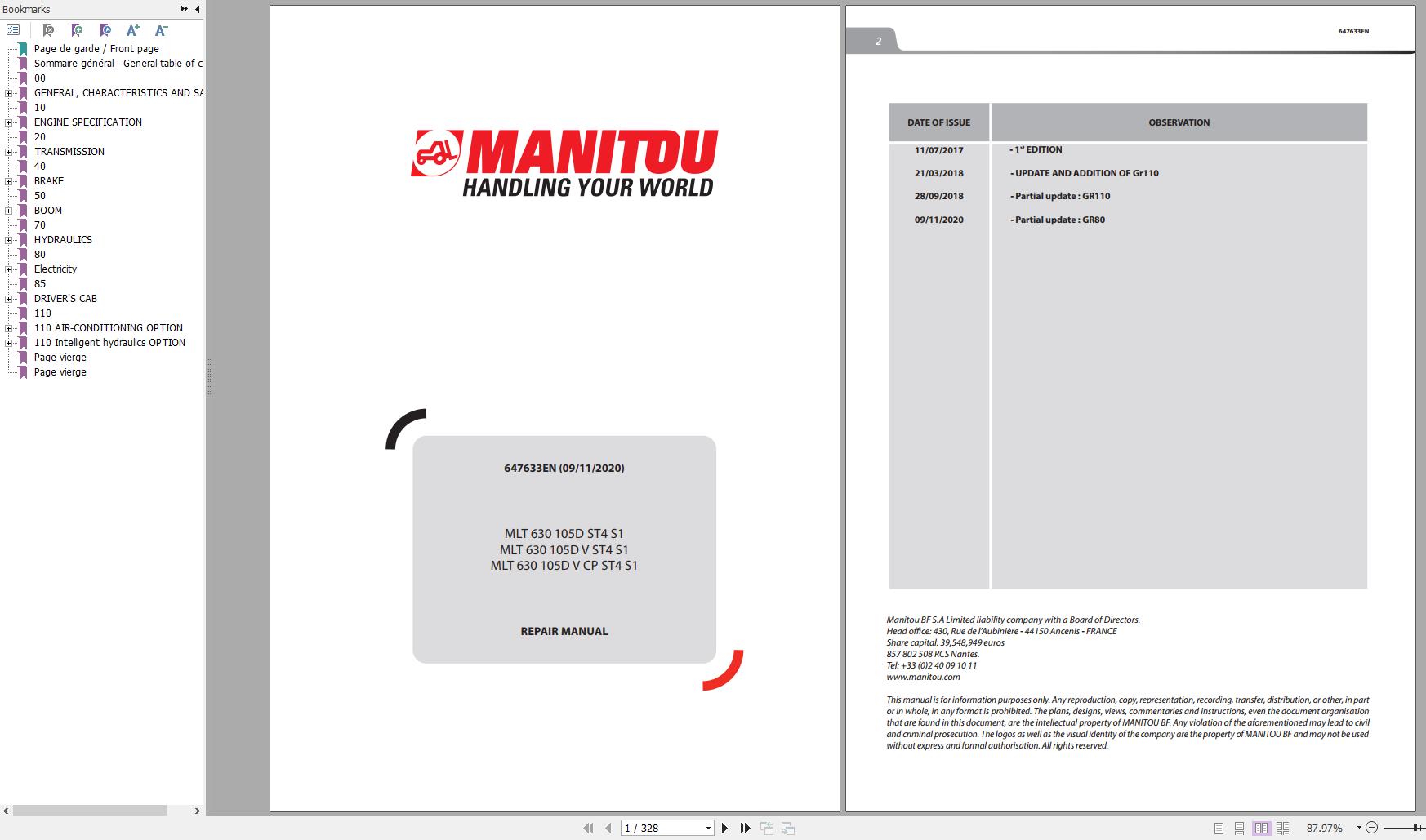 Manitou Telehandler MLT 630 105D ST4 S1 Repair Manual 647633EN 11 1