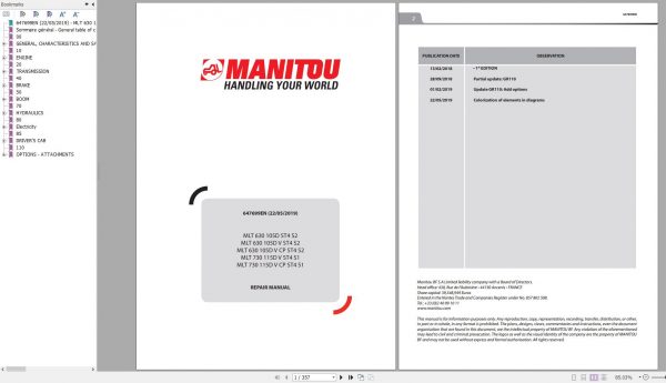 Manitou Telehandler MLT 630 MLT 730 105D 115D ST4 S2 S1 Repair Manual 647699EN 05 1