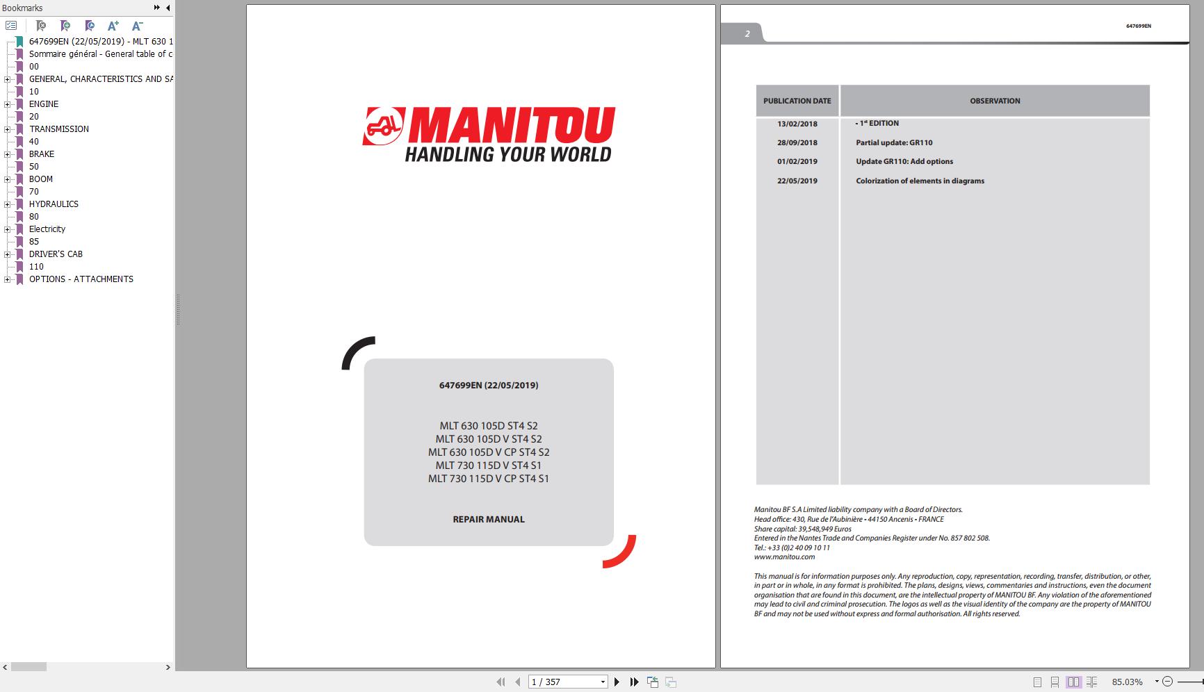 Manitou Telehandler MLT 630 MLT 730 105D 115D ST4 S2 S1 Repair Manual 647699EN 05 1