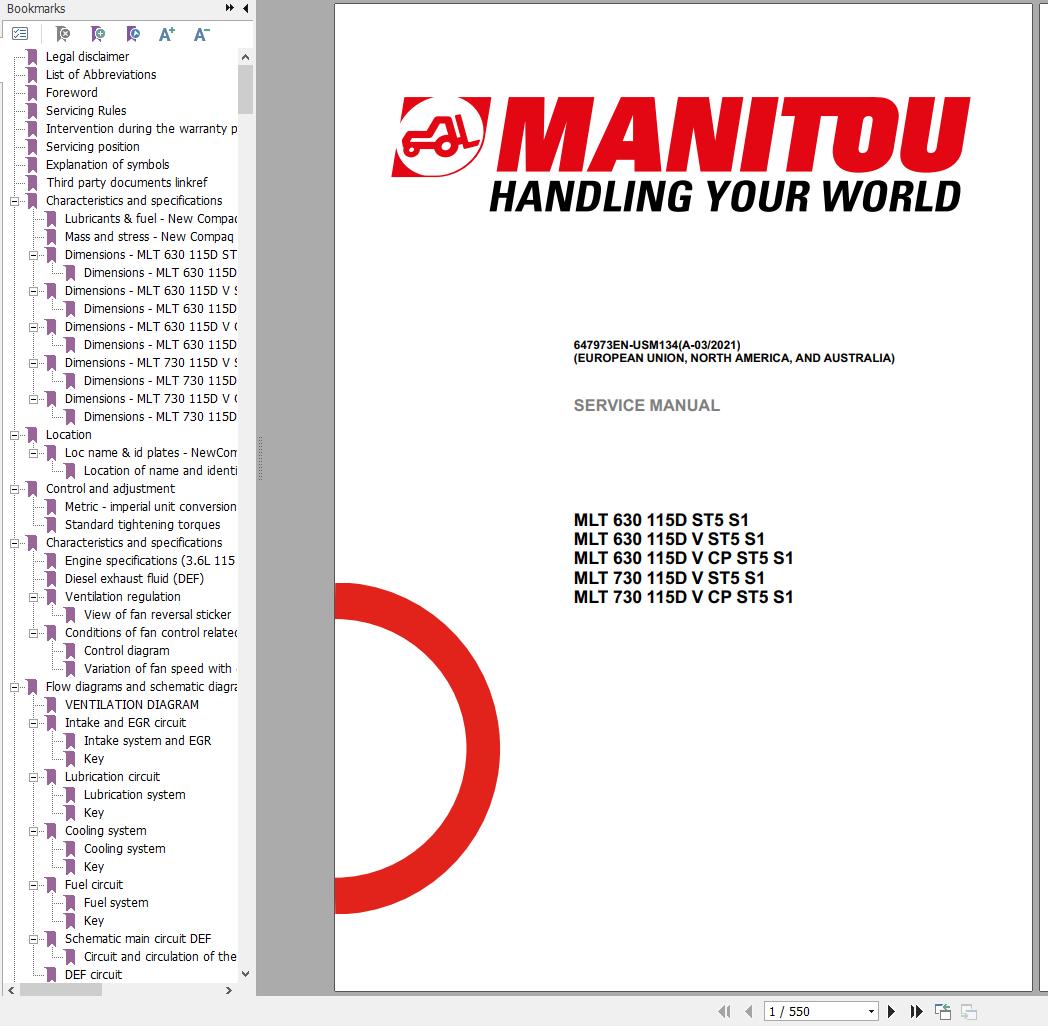 Manitou Telehandler MLT 630 MLT 730 115D ST5 S1V CP Service Manual 647973EN US134 03 1