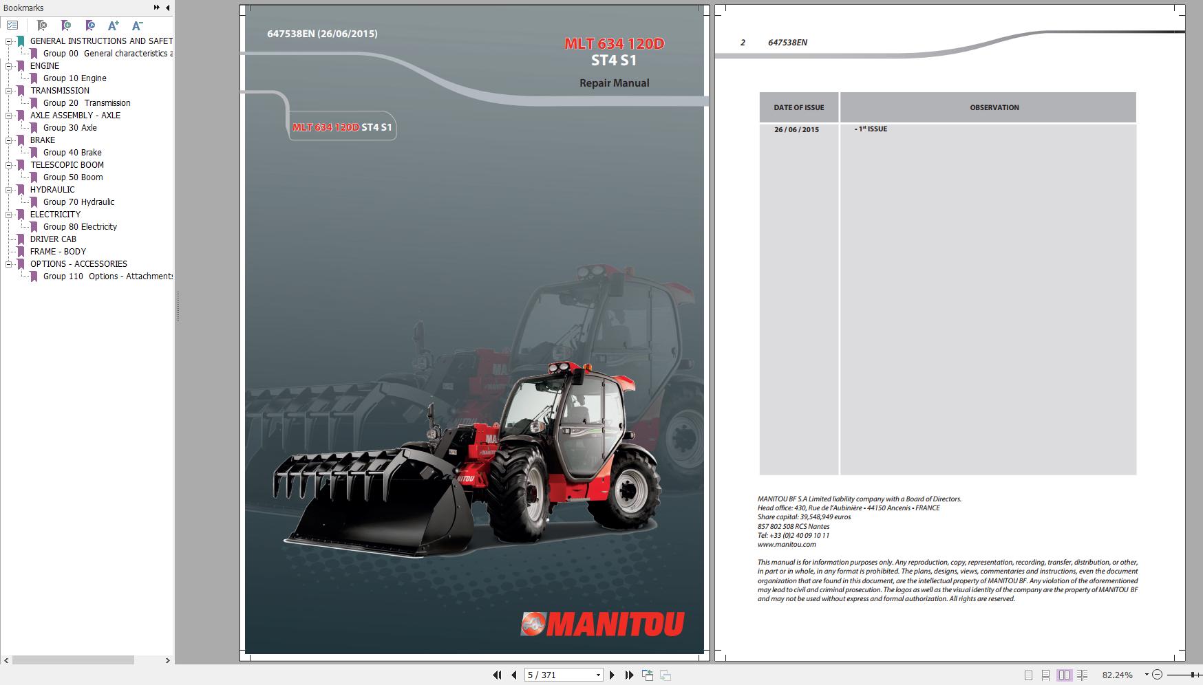 Manitou Telehandler MLT 634 120D ST4 S1 Genuine Parts Catalogue