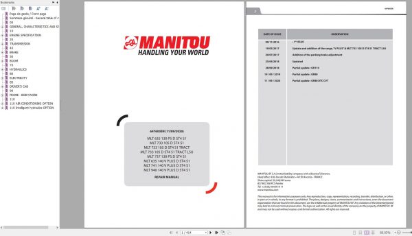 Manitou Telehandler MLT 635 MLT 733 MLT 737 MLT 741 MLT 940 ST4 S1 Repair Manual 647603EN 09 1