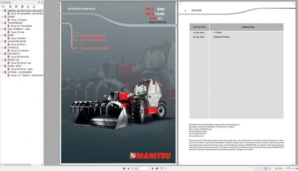 Manitou Telehandler MLT 840 MLT 1040 PS JD ST4 S1 Genuine Parts Catalogue 647541EN 09 1