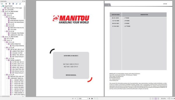 Manitou Telehandler MLT 845 100D H ST4 S1 MLT 845 120D ST4 S1 Repair Manual 647819EN 06 1
