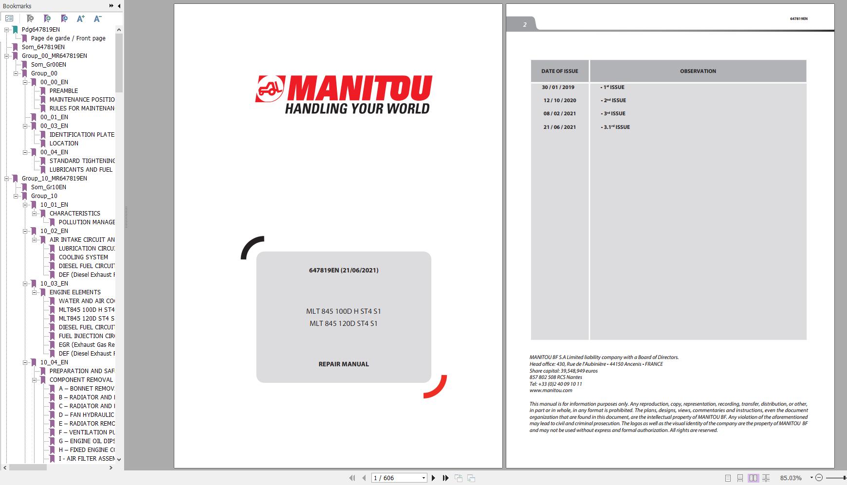 Manitou Telehandler MLT 845 100D H ST4 S1 MLT 845 120D ST4 S1 Repair Manual 647819EN 06 1