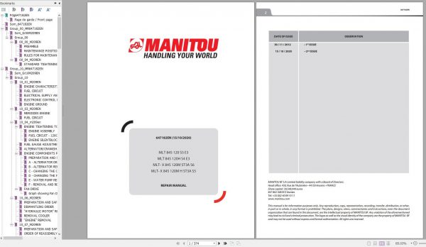 Manitou Telehandler MLT 845 MLT X 845 120 120H S5 S4 E3 120M H ST3A S6 S5 Repair Manual 647182EN 10 1