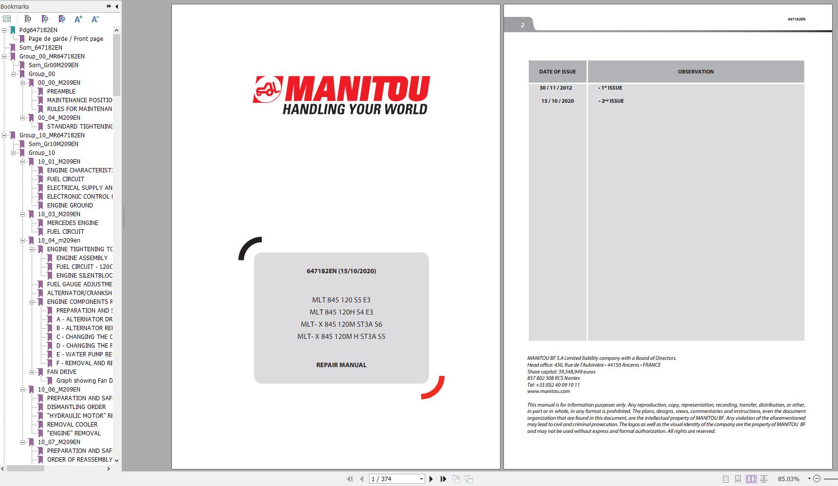 Manitou Telehandler MLT 845 MLT X 845 120 120H S5 S4 E3 120M H ST3A S6 S5 Repair Manual 647182EN 10 1
