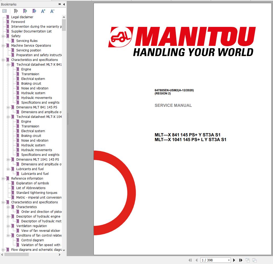 Manitou Telehandler MLT X 841 MLT X 1041 145 PS ST3A S1 Service Manual 647885EN USM2 12 1