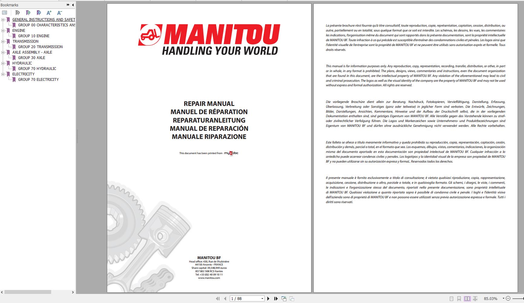 Manitou Telehandler MLT523 T Evolution Repair Manual M155EN 01 1
