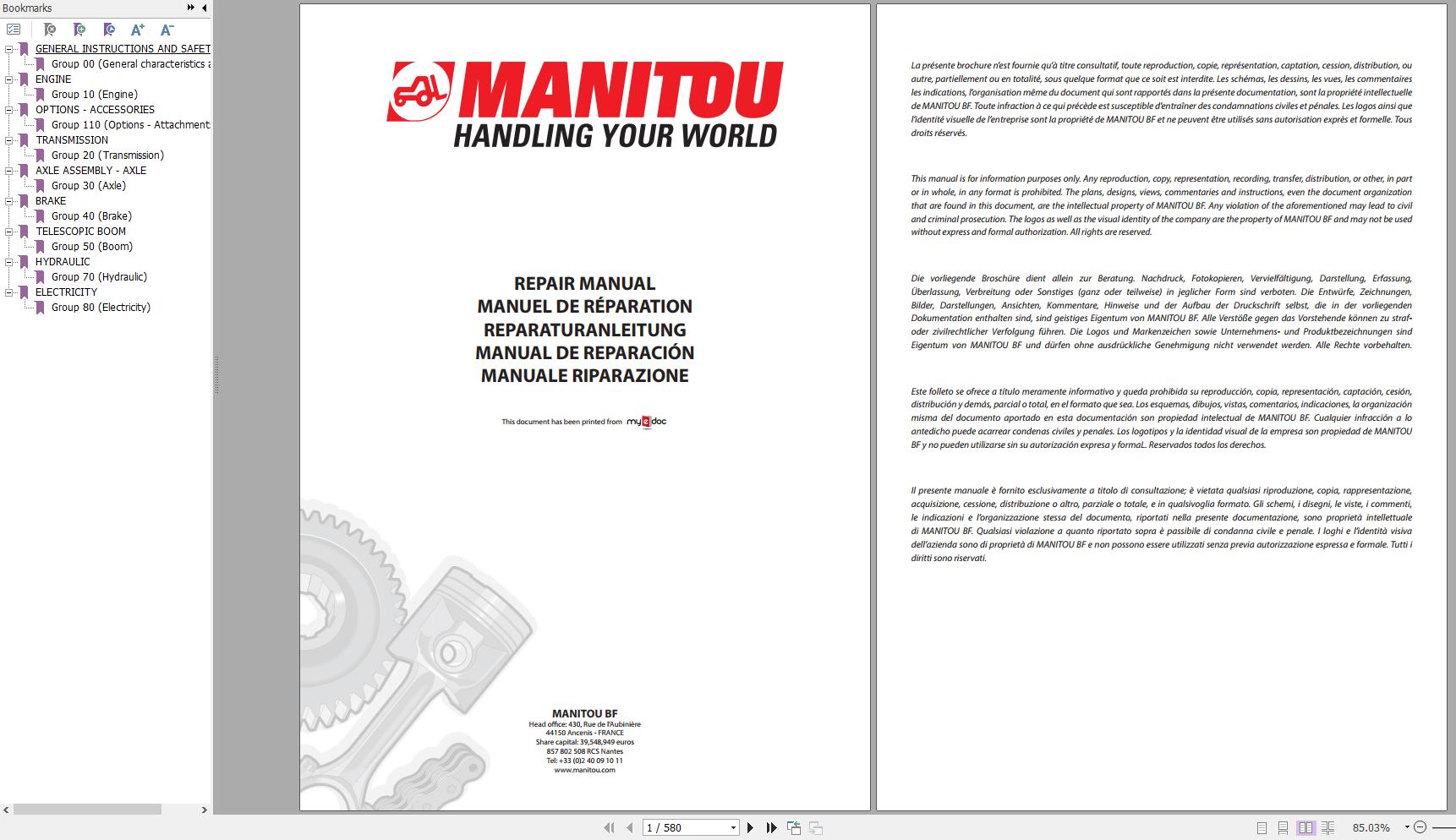 Manitou Telehandler MLT634 731 735 1035T LSSU 120 LSU Repair Manual M153EN 06 1