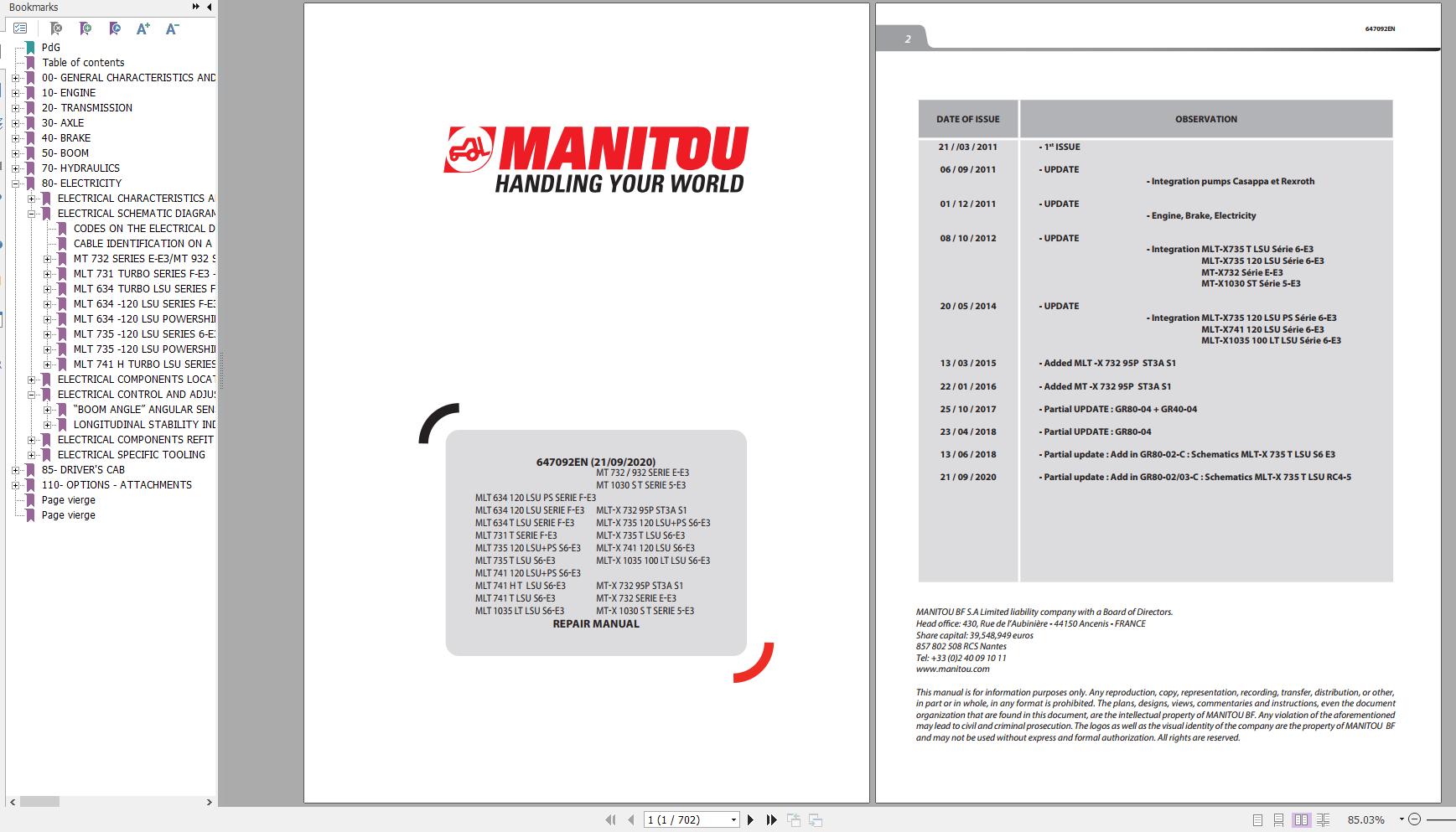 Manitou Telehandler MLT634 MLT731 MLT735 MLT741 MLT1035 MT732 MT1030 MLT X Repair Manual 647092EN 09 1