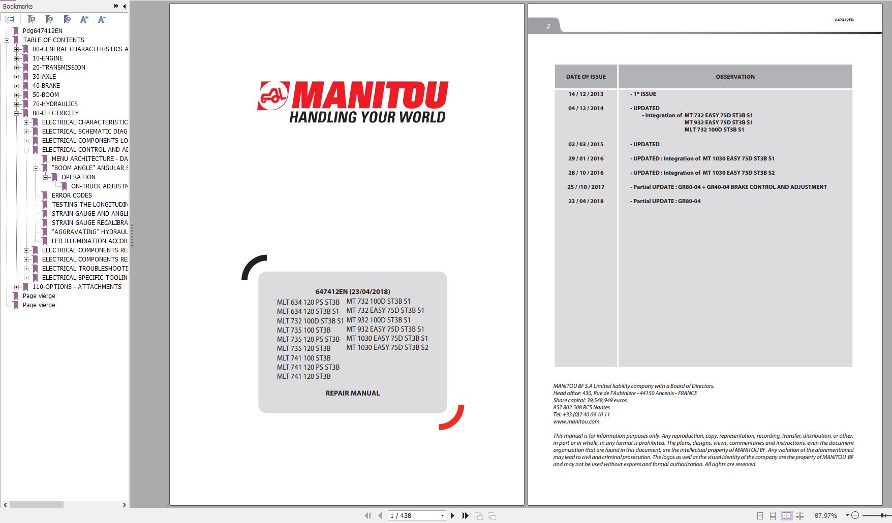 Manitou Telehandler MLT634 MLT732 MLT735 MLT741 MT932 MT1030 ST3B S1 S2 Repair Manual 647412EN 04 1