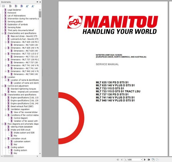 Manitou Telehandler MLT635 MLT733 MLT737 MLT741 MLT940 PLUS ST5 S1 Service Manual 647867EN USM134 12 1