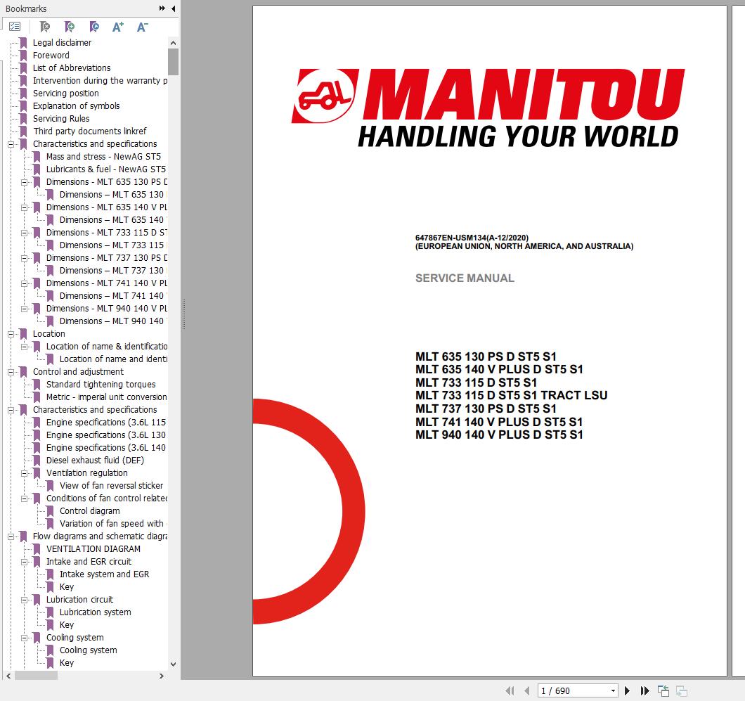 Manitou Telehandler MLT635 MLT733 MLT737 MLT741 MLT940 PLUS ST5 S1 Service Manual 647867EN USM134 12 1