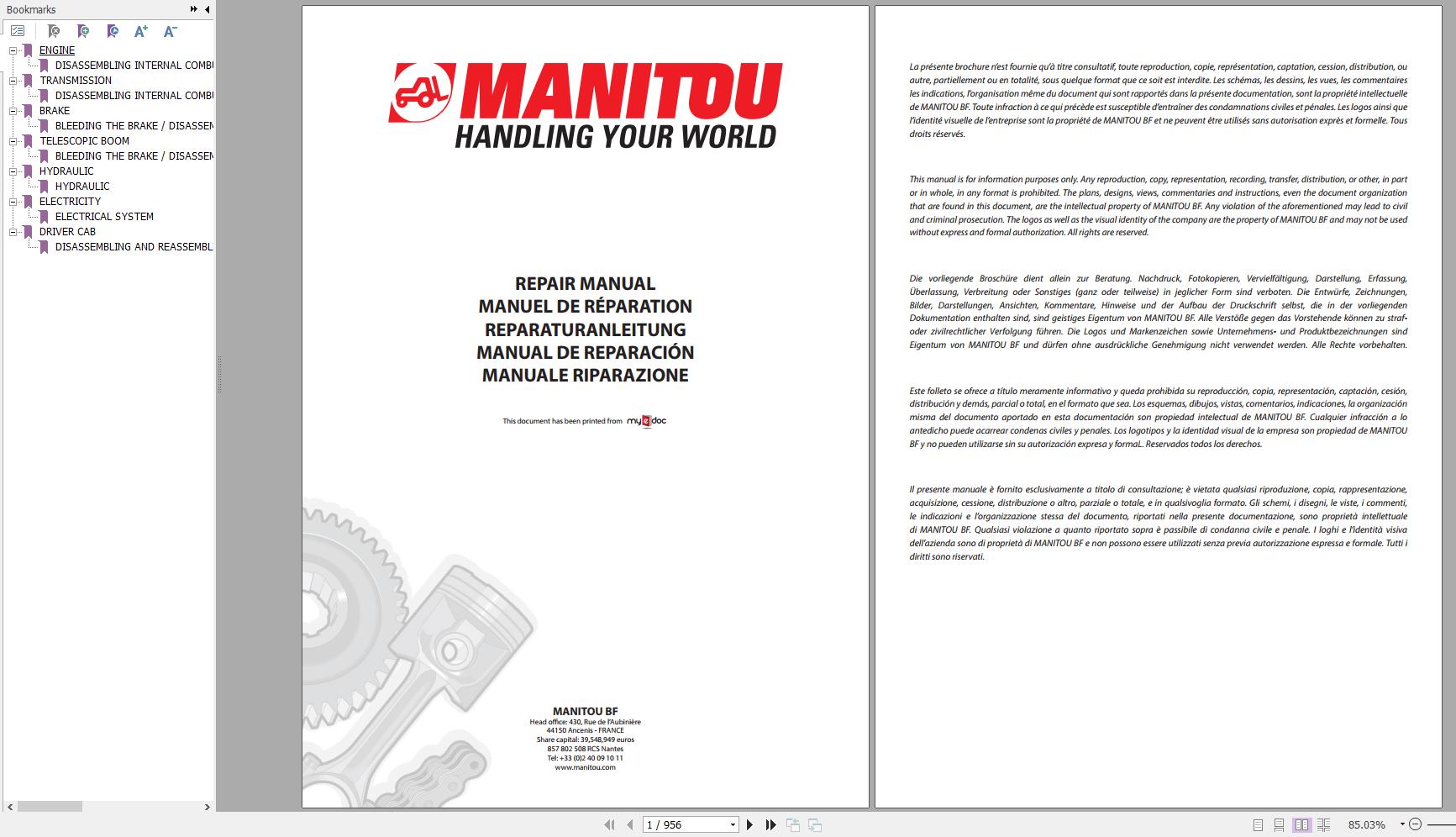 Manitou Telehandler MRT 1432 1542 1742 Repair Manual 10 2 13 M72EN 1