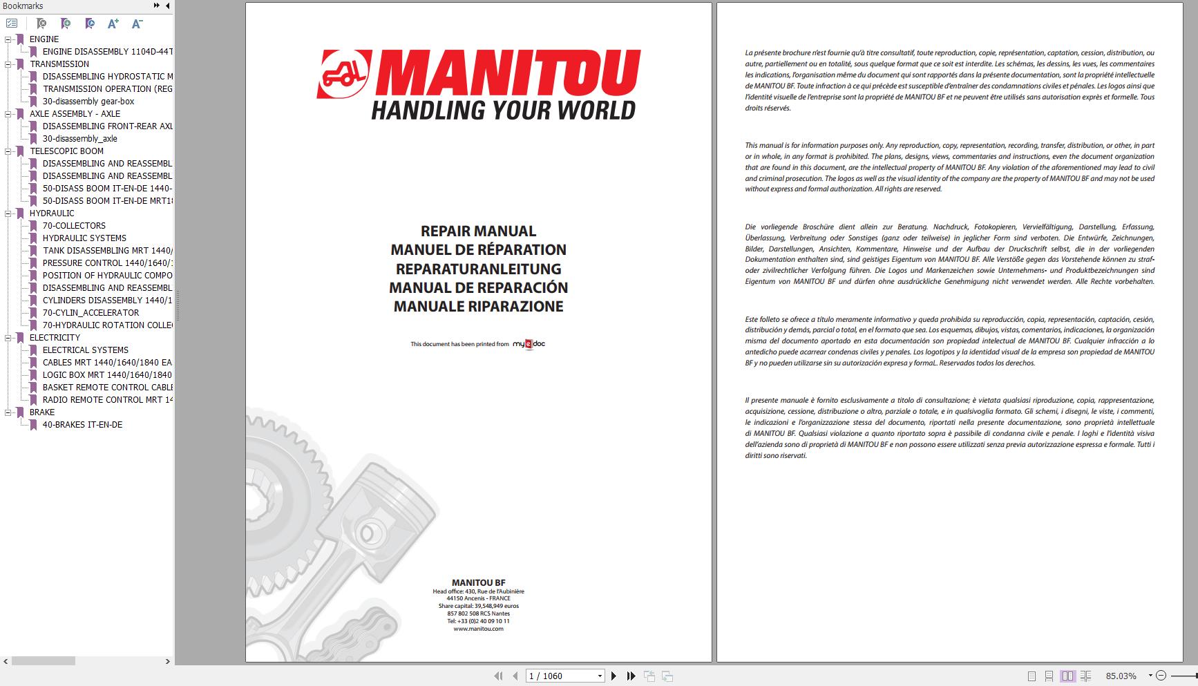 Manitou Telehandler MRT 1440 1640 1840 EASY Repair Manual 1