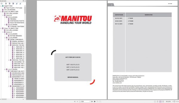 Manitou Telehandler MRT 1850 MRT 2150 MRT 2540 PLUS E3 Repair Manual 647175EN 12 1