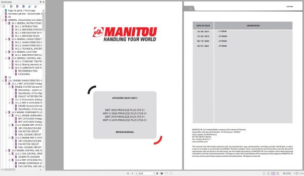 Manitou Telehandler MRT 3050 MRT 2470 MRT X 2470 MRT X 3050 PRIVILEGE PLUS Repair Manual 647625EN 01 1