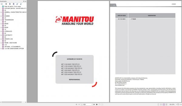 Manitou Telehandler MT 1135 MT 1335 EASY 75D ST5 S1 Repair Manual 647802EN 10 1
