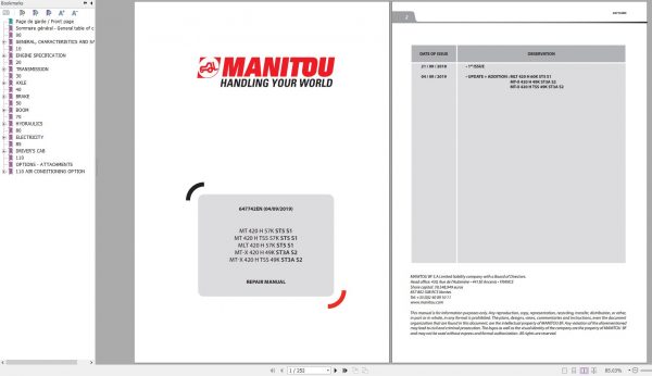 Manitou Telehandler MT 420 MLT 420 MT X 420 H TSS 57K 49K ST5 ST3A S1 S2 Repair Manual 647742EN 09 1