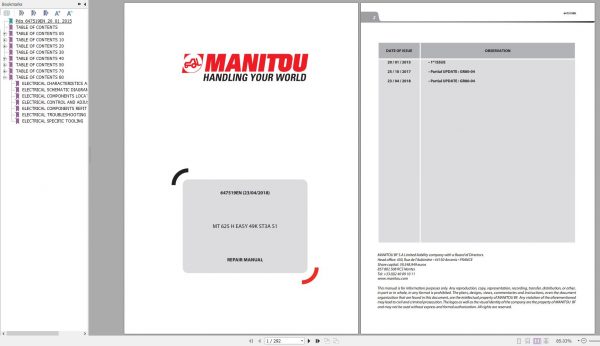 Manitou Telehandler MT 625 H EASY 49K ST3A S1 Repair Manual 647519EN 04 1