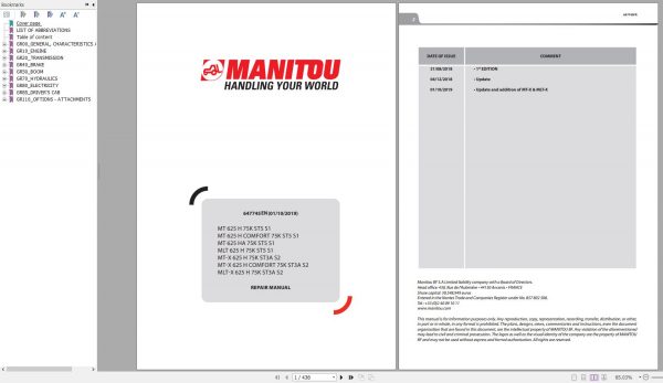 Manitou Telehandler MT 625 MLT 625 MT X 625 H HA 75K ST5 S1 S2 Repair Manual 647745EN 10 1