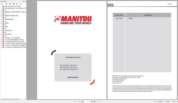 Manitou Telehandler MT 733 MT 933 MT 1033 EASY 75D ST5 S1 Repair Manual 647795EN 07 1