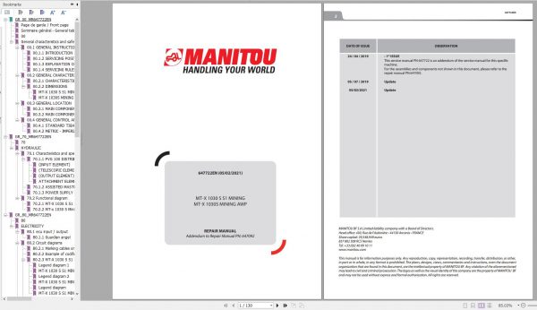 Manitou Telehandler MT X 1030 S S1 MINING MT X 1030S MINING AWP Repair Manual 647722EN 02 1