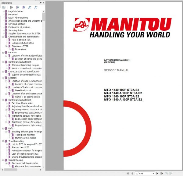 Manitou Telehandler MT X 1440 MT X 1840 100P A ST3A S2 Service Manual 647793EN USM2 03 1