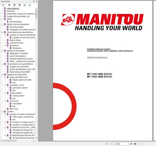 Manitou Telehandler MT1135 MT1335 100D ST5 S1 Service Manual 647802EN USM134 03 1