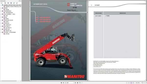 Manitou Telehandler MT1435 MT1440 MT1840 S1 S2 ST3B Genuine Parts Catalogue 647506EN 11 1