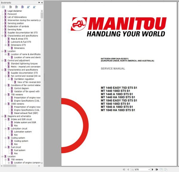 Manitou Telehandler MT1440 MT1840 EASY 100D A HA ST5 S1 Service Manual 6647793EN USM134 03 1