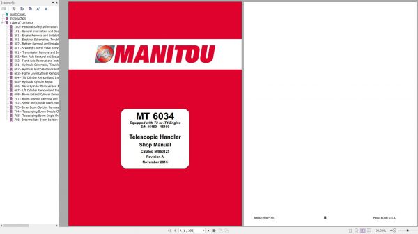 Manitou Telehandler MT6034 Equipped with T3 or IT4 Engine Shop Manual 50960125 11 1