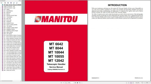 Manitou Telehandler MT6642 MT8044 MT10044 MT10055 MT 12042 Service Manual Rev A 50960082 1