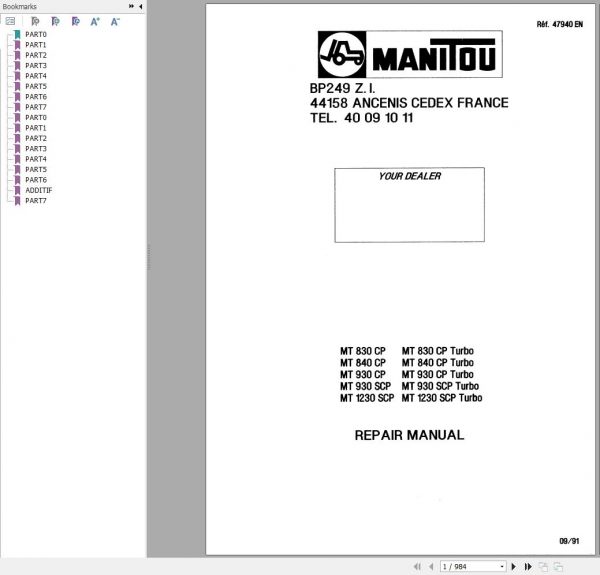 Manitou Telehandler MT830 CP MT840 CP MT930 CP MT1230 CP Repair Manual 47940EN 09 1