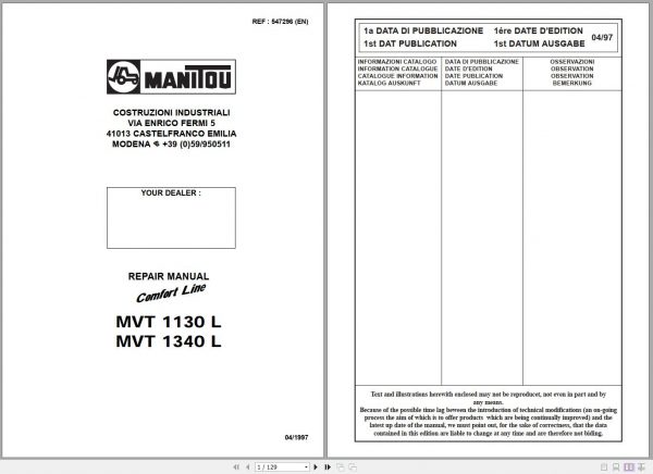 Manitou Telehandler MVT 1130 L MVT 1340 L Repair Manual 547296EN 04 1