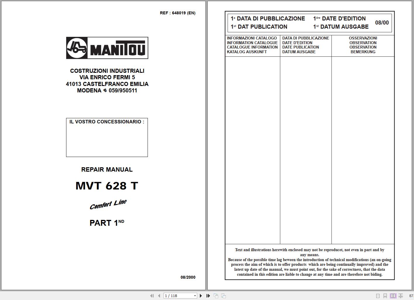 Manitou Telehandler MVT 628 T Comfort Line Repair Manual 648019EN 08 1