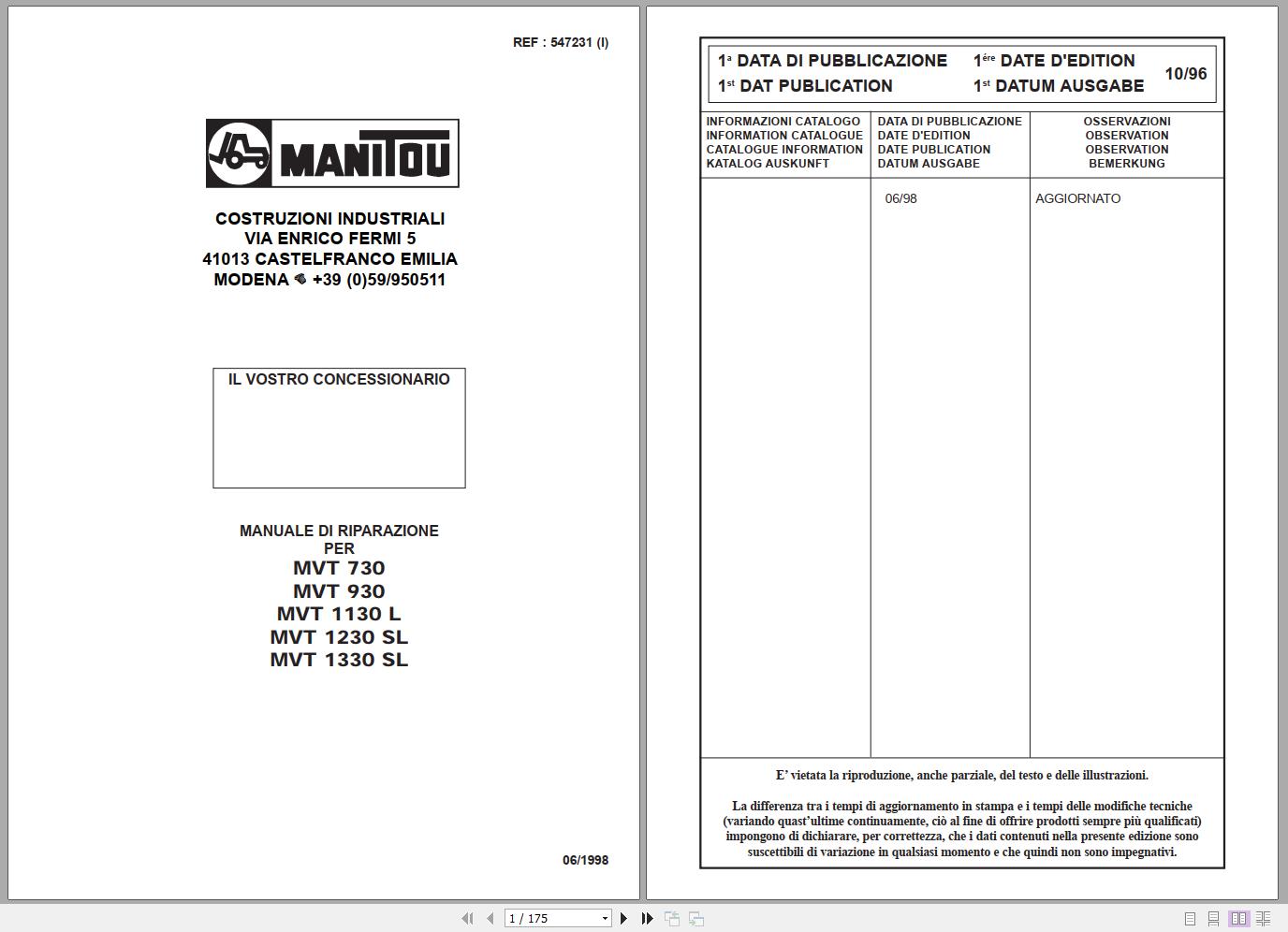 Manitou Telehandler MVT 730 930 1130 1230 1330 Repair Manual 547231IT 06 1