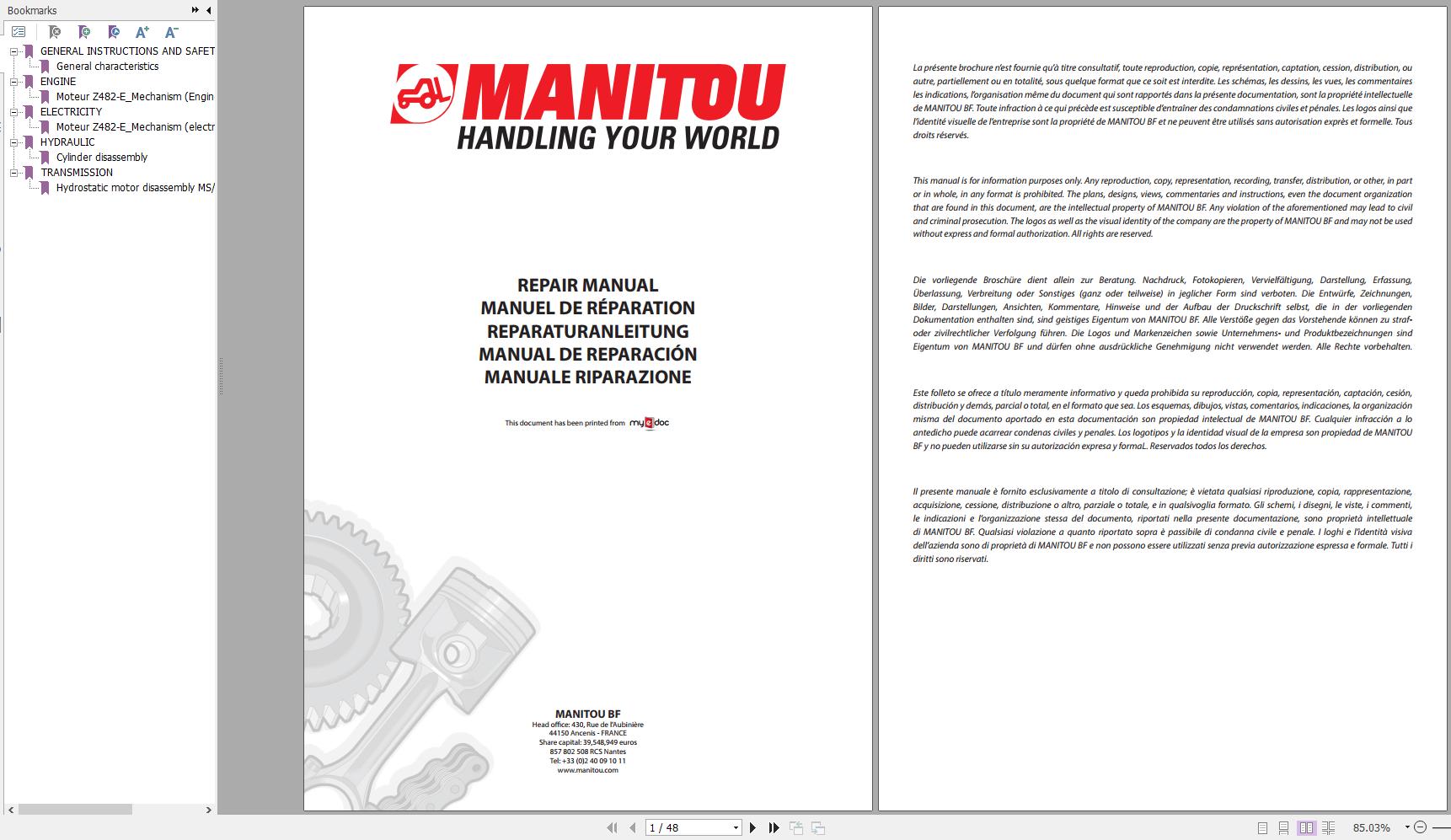 Manitou Telehandler TMD 12 Kubota Z482 E Repair Manual 1