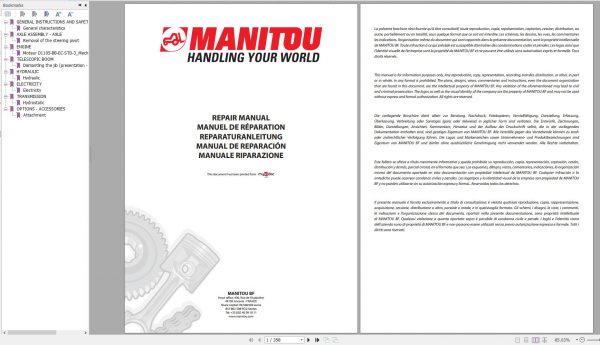 Manitou Telehandler TMT 315 TMT 317 SI Repair Manual 547779 EN 01 1